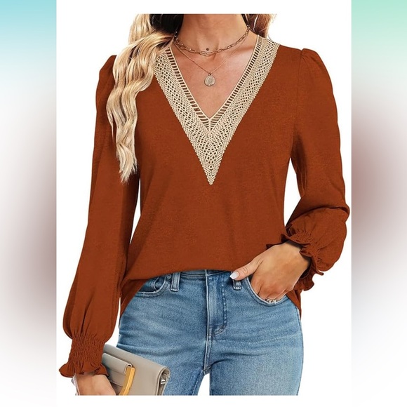 Women’s Solid Lace Long Sleeve Loose V Neck Smocked‎ Puff Blouse Size Large - Picture 2 of 7